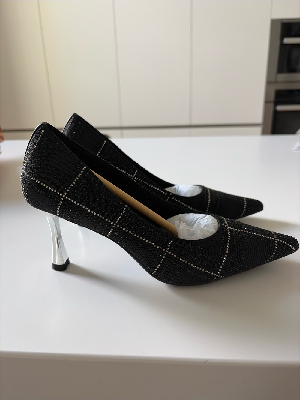 Black Pointed Toe Heels with Silver Stiletto Detail